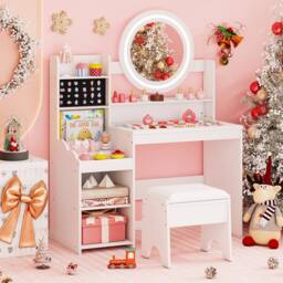 Costway Kids Dressing Table Set Vanity Desk w/ Mirror & Lights & Stool in White - thumbnail 4