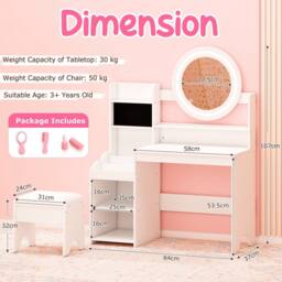 Costway Kids Dressing Table Set Vanity Desk w/ Mirror & Lights & Stool in White - thumbnail 2