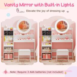 Costway Kids Dressing Table Set Vanity Desk w/ Mirror & Lights & Stool in White - thumbnail 6