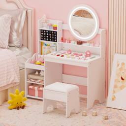 Costway Kids Dressing Table Set Vanity Desk w/ Mirror & Lights & Stool in White - thumbnail 3
