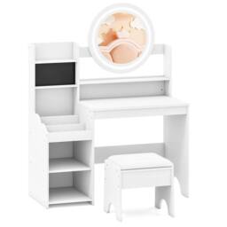 Costway Kids Dressing Table Set Vanity Desk w/ Mirror & Lights & Stool in White