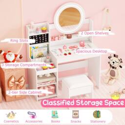 Costway Kids Dressing Table Set Vanity Desk w/ Mirror & Lights & Stool in White - thumbnail 7
