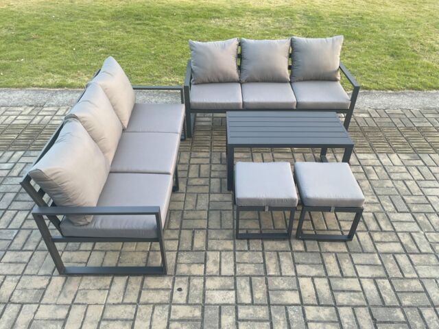 Fimous Aluminium Patio Outdoor Garden Furniture Lounge Sofa Set with Oblong Coffee Table 2 Small Footstools Dark Grey - image 1