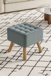 Living and Home Grey Linen Padded Wooden Leg Square Footstool - thumbnail 2