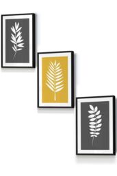 ARTZE Grey Yellow Graphical Leaves Framed Wall Art - Small in Black - Size: W33 cm x H45 cm x D20mm