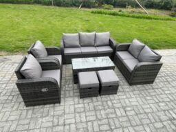 Fimous Patio Garden Furniture Sets Wicker 9 Seater Outdoor Rattan Furniture Sofa Sets with Rectangular Coffee Table Reclining Chair Love seat Sofa - thumbnail 2