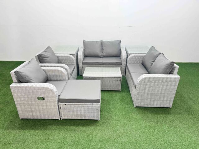 Fimous 7 Seater Outdoor Reclining Chair Love Sofa Set Rattan Garden Furniture Set with Rectangular Coffee Table Footstool 2 Side Tables Light Grey - image 1
