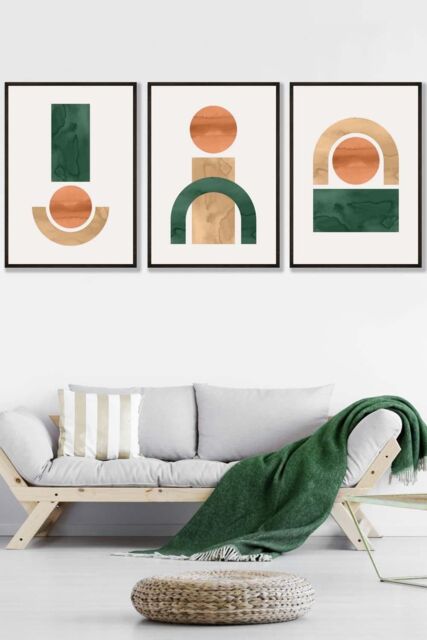 ARTZE Set of 3 Black Framed Mid Century Graphical Shapes in Green Yellow Orange Wall Art - Size: W33 cm x H45 cm x D20mm - image 1