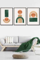ARTZE Set of 3 Black Framed Mid Century Graphical Shapes in Green Yellow Orange Wall Art - Size: W33 cm x H45 cm x D20mm - thumbnail 1