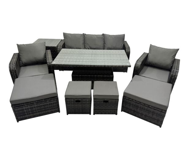 Fimous Rattan Garden Furniture Dining Set with Side Table 2 Big Footstool in Dark Grey - image 1