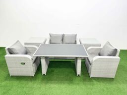 Fimous Outdoor Rattan Garden Furniture Dining Set 4-seater with 2 Side Tables in Light Grey - thumbnail 1