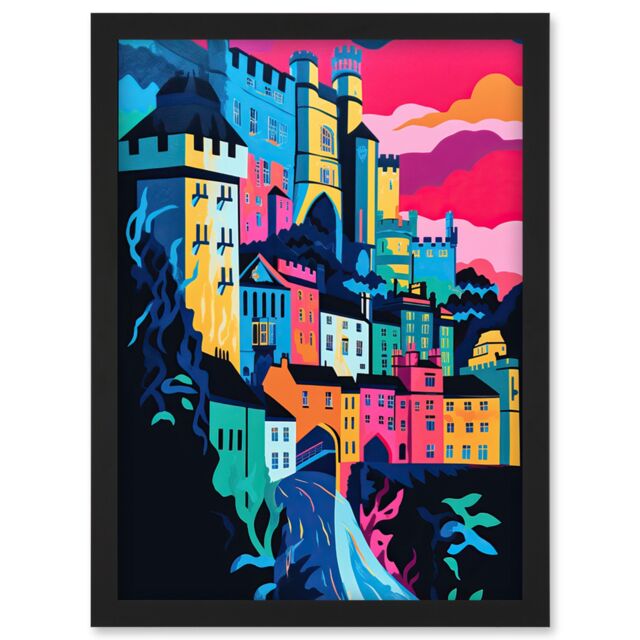 Artery8 Nottingham City Vibrant Abstract Pop Art Cityscape Artwork Framed Wall Art Print A4 in Black - image 1