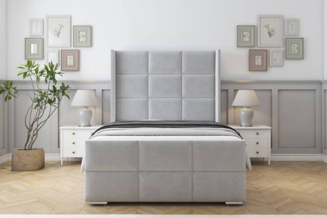 "Sloomy Beaumont Plush Bed Frame With 50"" Upholstered Wingback Headboard in Silver - Size: King" - image 1
