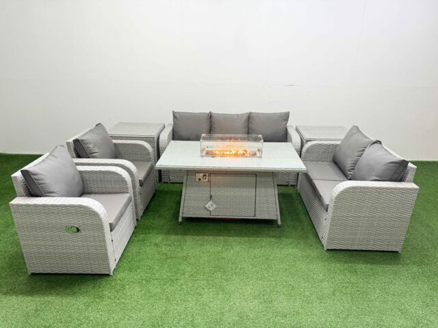 Fimous PE Rattan Garden Furniture Set Reclining Chair Sofa Double Love Seat 2 Seater Sofa Lounge Set Firepit Dining Table 2 Side Table Light Grey - image 1
