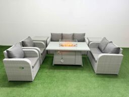 Fimous PE Rattan Garden Furniture Set Reclining Chair Sofa Double Love Seat 2 Seater Sofa Lounge Set Firepit Dining Table 2 Side Table Light Grey - thumbnail 2