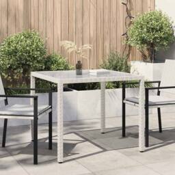 Berkfield Home Garden Table 90x90x75 cm Tempered Glass & Poly Rattan White - Size: 90 x 90 x 75 cm - thumbnail 2