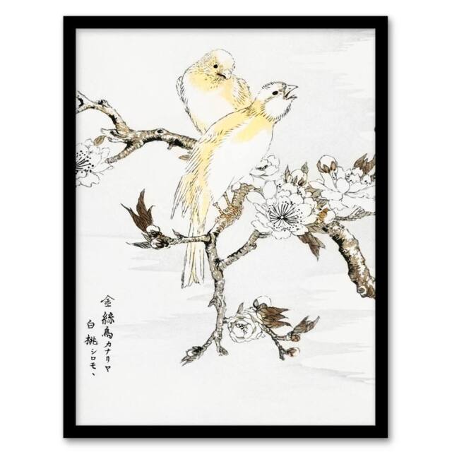 Artery8 Kashu Framed Wall Art Print Canary & Peach Tree Flowers Japan - Size: A4 - image 1