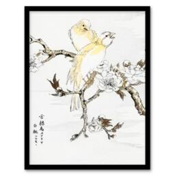 Artery8 Kashu Framed Wall Art Print Canary & Peach Tree Flowers Japan - Size: A4 - thumbnail 1