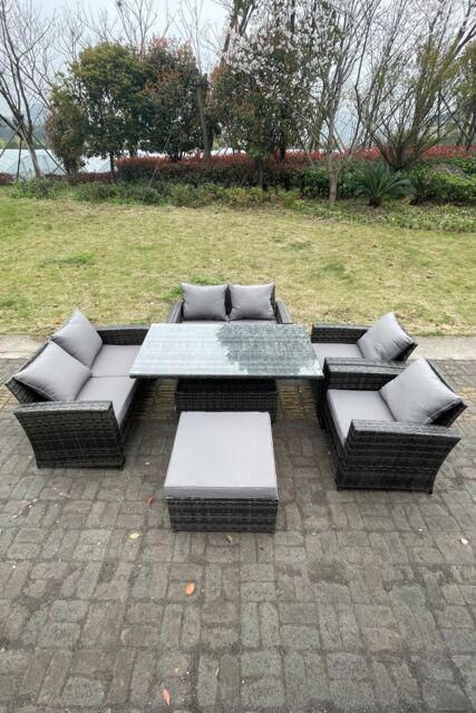 Fimous Rattan Outdoor Furniture Adjustable Rising Lifting Rectangle Dining Table Love Sofa Sets 7 Seater in Dark Grey