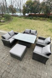 Fimous Rattan Outdoor Furniture Adjustable Rising Lifting Rectangle Dining Table Love Sofa Sets 7 Seater in Dark Grey - thumbnail 2