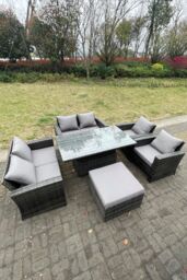 Fimous Rattan Outdoor Furniture Adjustable Rising Lifting Rectangle Dining Table Love Sofa Sets 7 Seater in Dark Grey - thumbnail 3