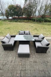 Fimous Rattan Outdoor Furniture Adjustable Rising Lifting Rectangle Dining Table Love Sofa Sets 7 Seater in Dark Grey - thumbnail 1