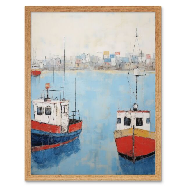 "Artery8 Wall Art Print Trailer Trawler Boats in Harbour Oil Painting Red Blue Abstract Coastal Town Bathroom Artwork Art Framed - Size: W12"" x H16""" - image 1