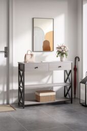 Living and Home 3 Tier Industrial Style Narrow Wooden Console Table with Drawers and Shelves in Grey