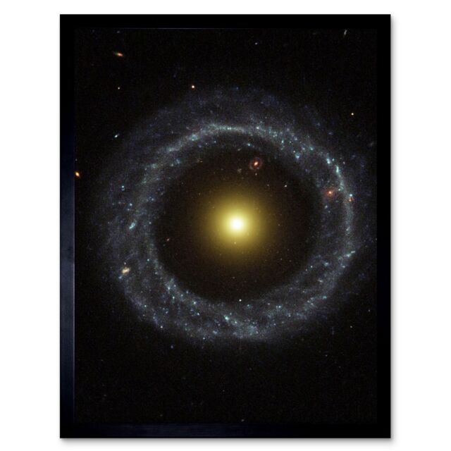 Artery8 Hubble Space Telescope Image Ring Of Hot Blue Stars Pinwheels Around Yellow Nucleus Of Hoag's Object Galaxy Art Print Framed Poster Wall - image 1