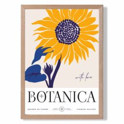 ARTZE Blue & Yellow Sunflower Flower Market Exhibition Framed Print SIZE: A2 with Oak Frame in Mid Blue - Size: A4