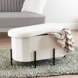HOME LUXE INTERIOR White Boucle Curved Storage Ottoman Bench with Black Metal Legs - thumbnail 1