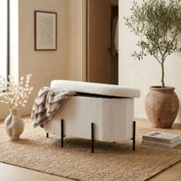 HOME LUXE INTERIOR White Boucle Curved Storage Ottoman Bench with Black Metal Legs - thumbnail 5