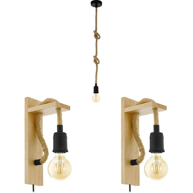Loops Ceiling Pendant Light & 2x Matching Wall Lights Black & Knot Rope Trendy Lamp - image 1