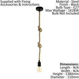 Loops Ceiling Pendant Light & 2x Matching Wall Lights Black & Knot Rope Trendy Lamp - thumbnail 2