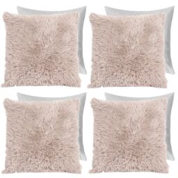 OHS Set of 4 Soft Fluffy Shaggy Square Filled Cushion Covers in Natural - Size: 45 cm x 45 cm - thumbnail 1