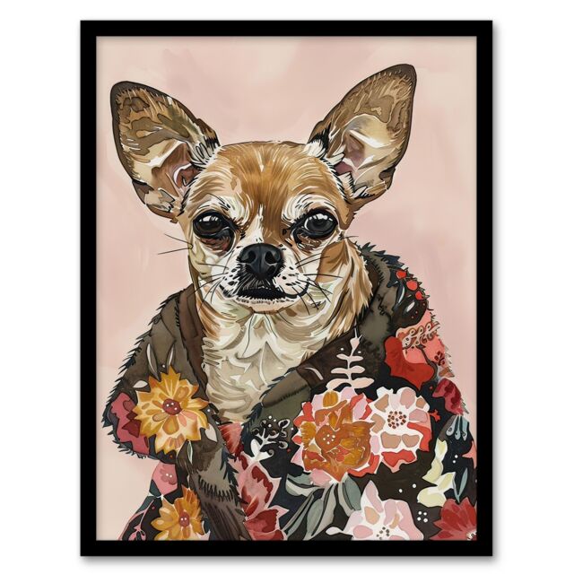 "Artery8 Dog Lover Chihuahua With Floral Fur Coat Framed Wall Art in Pink - Size: W12"" x H16""" - image 1