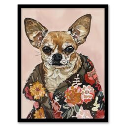 "Artery8 Dog Lover Chihuahua With Floral Fur Coat Framed Wall Art in Pink - Size: W12"" x H16""" - thumbnail 1