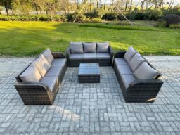 Fimous Patio Garden Furniture Sets Wicker 9 Seater Outdoor Rattan Furniture Sofa Sets with Square Coffee Table in Dark Grey - thumbnail 2