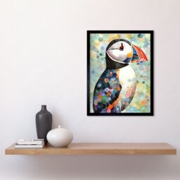 "Artery8 Wall Art Print Puffin Bird Portrait Pastel Colour Folk Art Framed in Black - Size: W12"" x H16""" - thumbnail 2