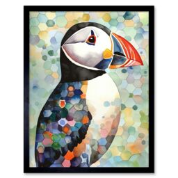 "Artery8 Wall Art Print Puffin Bird Portrait Pastel Colour Folk Art Framed in Black - Size: W12"" x H16""" - thumbnail 1
