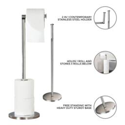 VOGREX 2 Pack Freestanding 2-in-1 Toilet Roll Holders in Silver - thumbnail 5