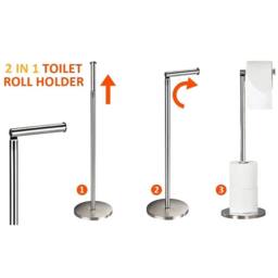 VOGREX 2 Pack Freestanding 2-in-1 Toilet Roll Holders in Silver - thumbnail 2