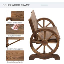 OUTSUNNY Rustic Wood Design Garden Wagon Wheel Bench Décor Outdoor Loveseat in Brown - thumbnail 4