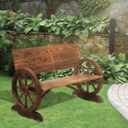 OUTSUNNY Rustic Wood Design Garden Wagon Wheel Bench Décor Outdoor Loveseat in Brown - thumbnail 1