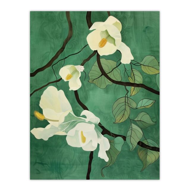"Artery8 Japanese White Cherry Tree Flower Green Design Wall Art Print - Size: W12"" x H16""" - image 1