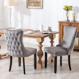 HomeTouch Sierra Set of 2 Lux Dining Chairs Velvet Tufted Wing Back Kitchen Chairs with Oak Wood Legs in Grey - Size: 2 Pack - thumbnail 1