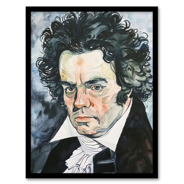 Artery8 Beethoven Classical Music Composer Portrait Framed Wall Art in Black - Size: A4 - image 1