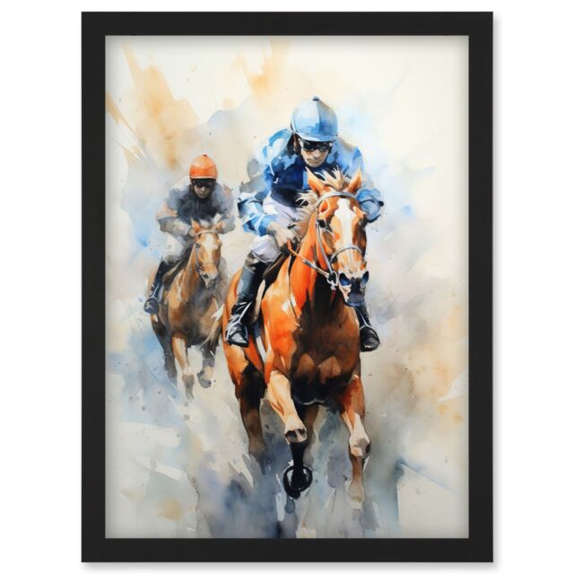 Artery8 Wall Art Print Horseracing Jockeys Racing Horses Action Watercolour Kentucky Derby Grand National Cheltenham Gold Cup Painting Blue Orange - image 1