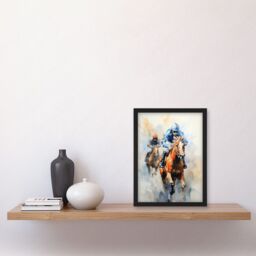Artery8 Wall Art Print Horseracing Jockeys Racing Horses Action Watercolour Kentucky Derby Grand National Cheltenham Gold Cup Painting Blue Orange - thumbnail 2