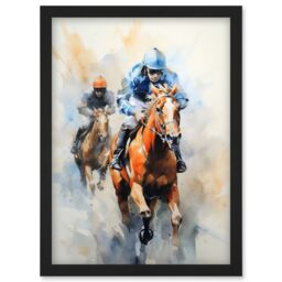 Artery8 Wall Art Print Horseracing Jockeys Racing Horses Action Watercolour Kentucky Derby Grand National Cheltenham Gold Cup Painting Blue Orange - thumbnail 1